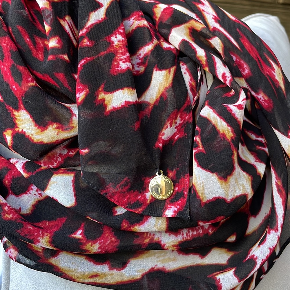 Calvin Klein FREE w/ $25 Purchase EUC Sheer Scarf Red Black & Tan Tiger Print